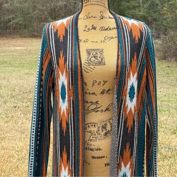 Open-Front Southwestern Pattern Long Cardigan Sweater - Teal, Rust, Cream - Picture 2 of 10
